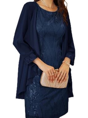 Grace Karin Navy Sequin Sheath Dress with Draped Overlay